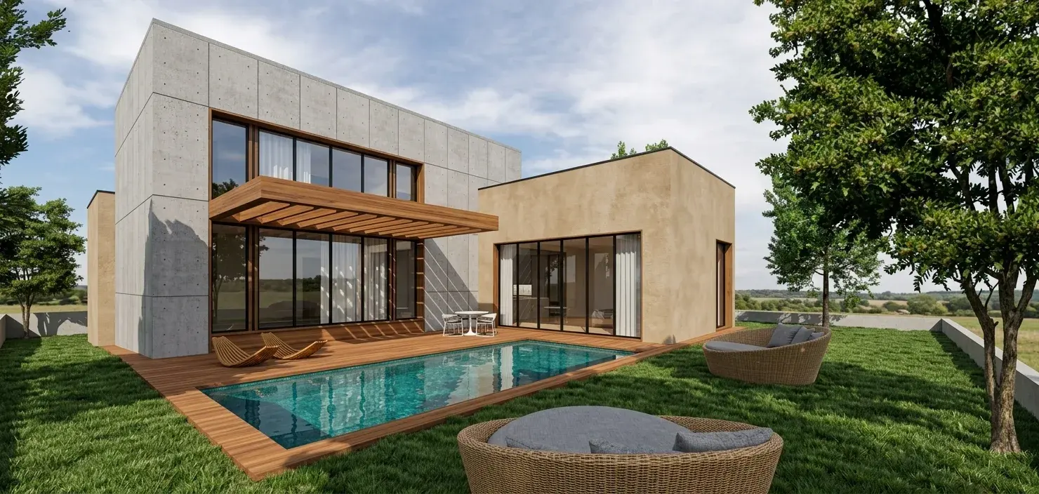 A modern house rendered at dusk with warm interior lighting