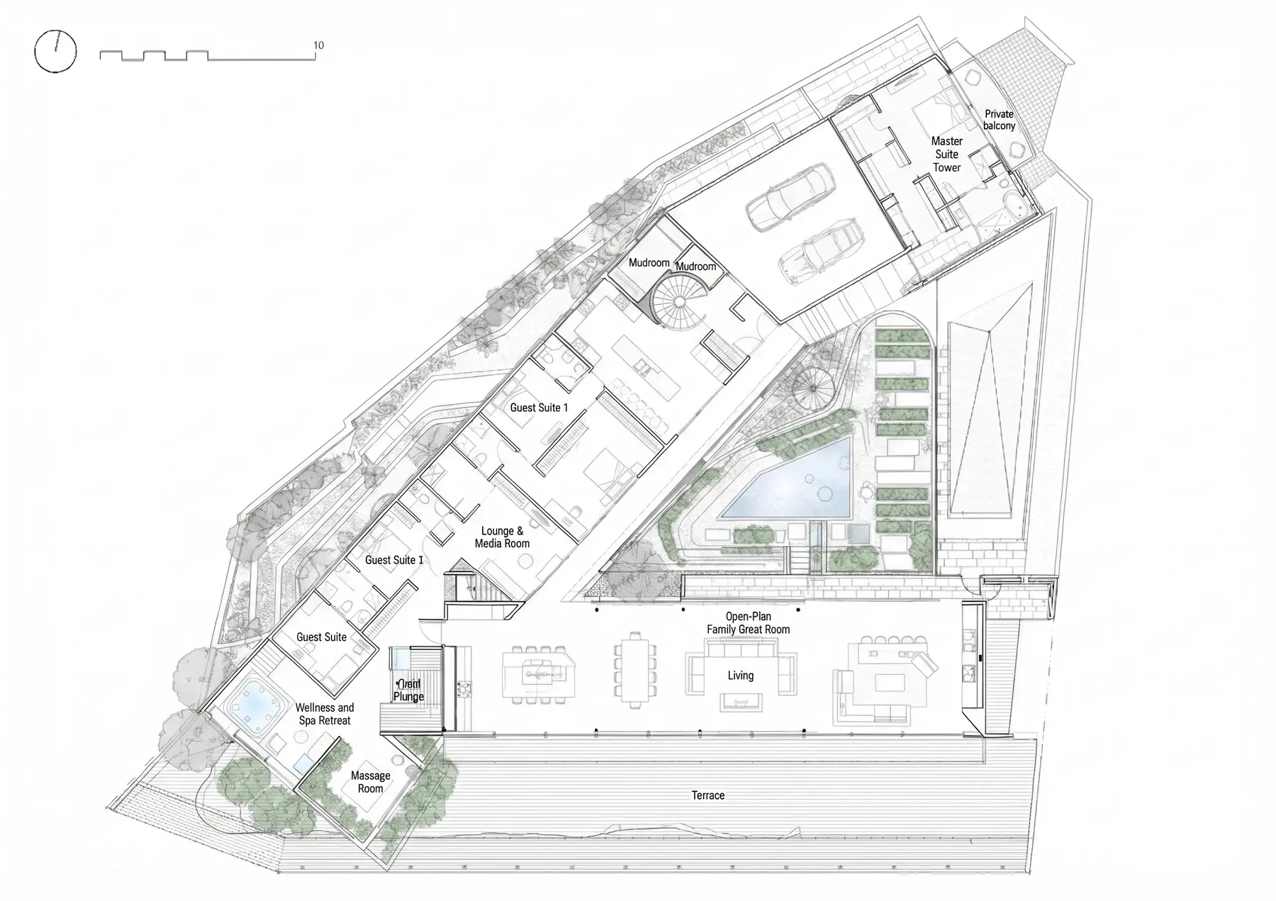 A labelled architectural floor plan of a house with guest suites, a pool and a terrace