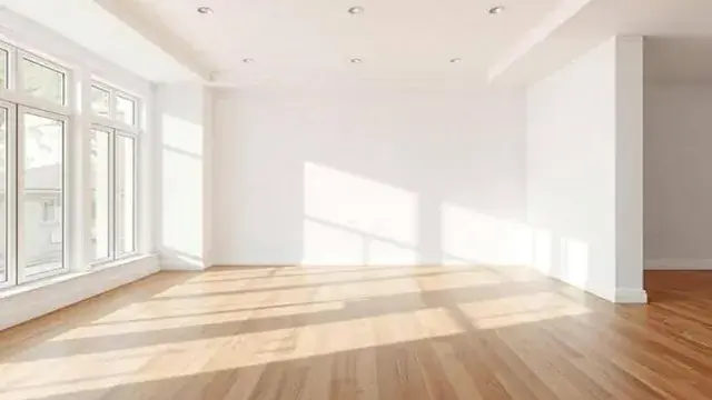An empty sunlit interior — the opening frame of a construction sequence
