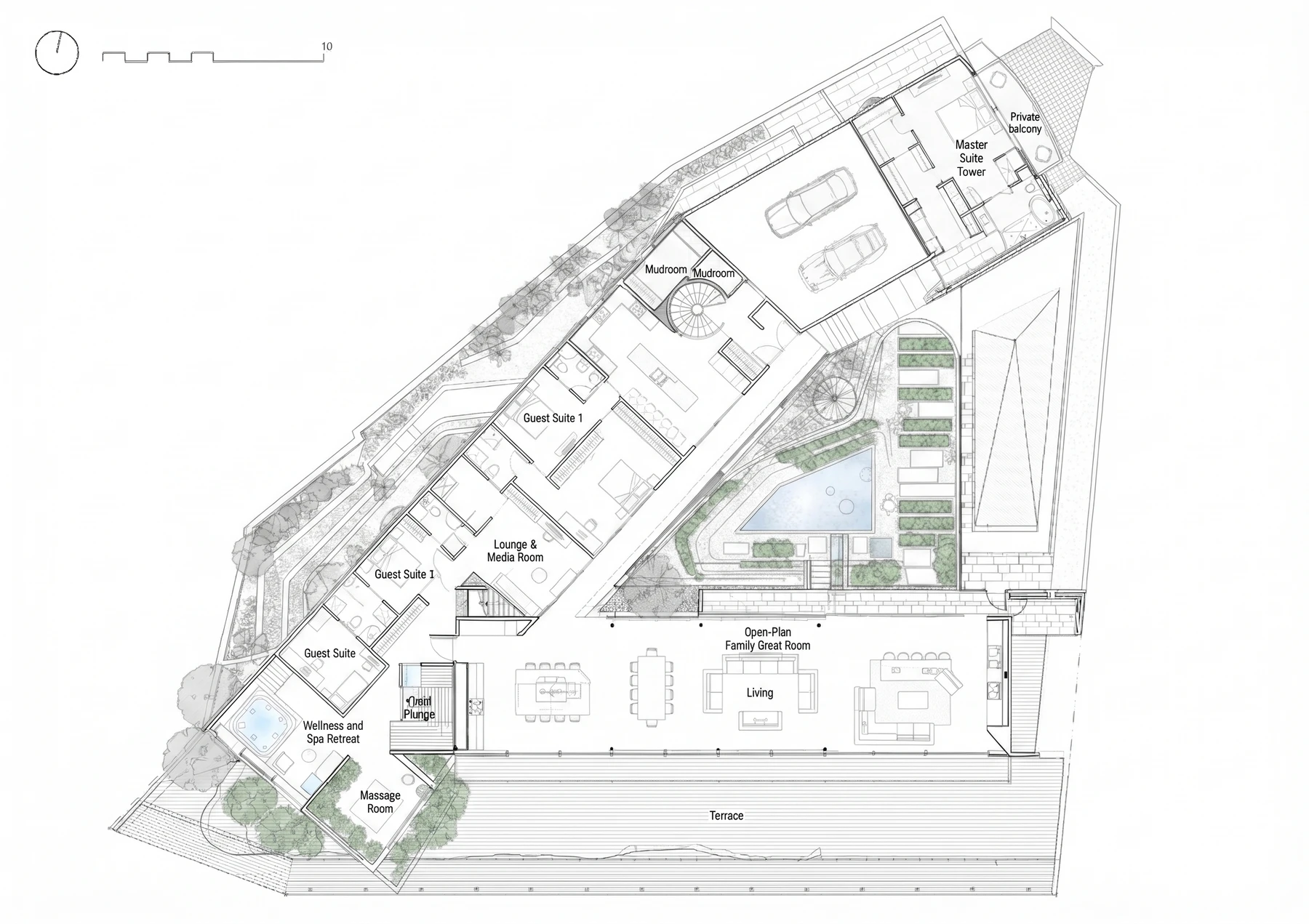 A labelled architectural floor plan of a house with guest suites, a pool and a terrace