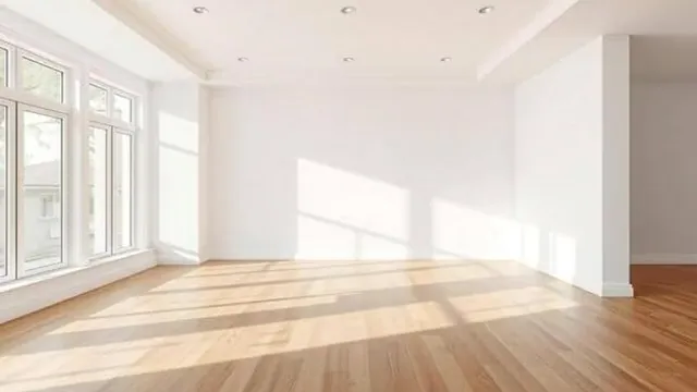 An empty sunlit interior — the opening frame of a construction sequence