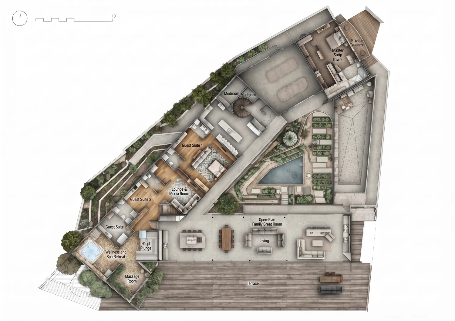 A photoreal isometric cutaway render generated from a 2D floor plan
