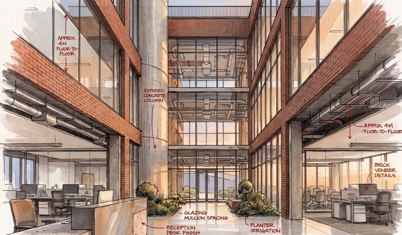 A hand-drawn ink-and-watercolour sketch of an office atrium, annotated in red