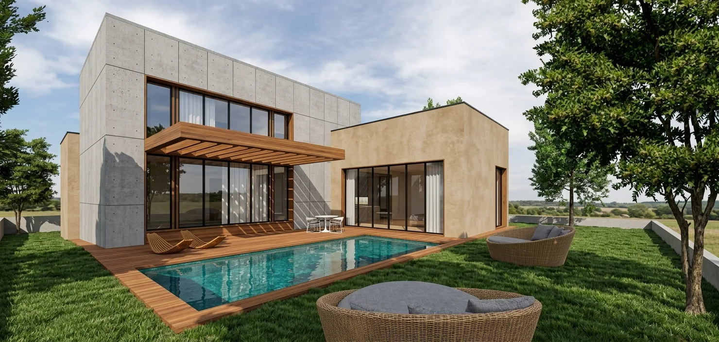A modern house rendered at dusk with warm interior lighting