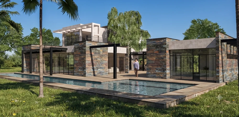 A high resolution architectural render set in a desert canyon